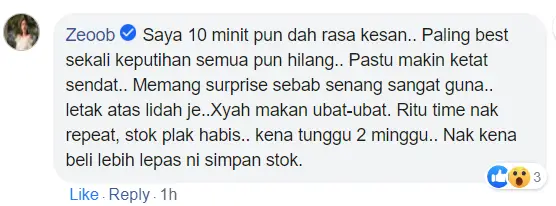 "10 minit dah rasa kesan. Ketat, sendat. Keputihan pun hilang."