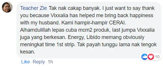 "Dah HAMPIR CERAI, Alhamdulillah lepas guna VIXXALIA,.. Energy, Libido meningkat. Selesai masalah".