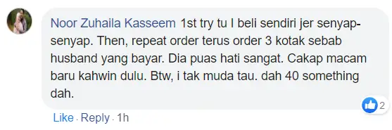 "Repeat order 3 kotak terus sebab SUAMI BELANJA. Suami PUAS HATI".